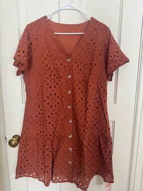 Eyelet Button-Front Women’s Dress in Rust